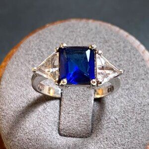 VTG Sterling Silver 925 Synthetic Sapphire & CZ Engagement Style Ring Size 7